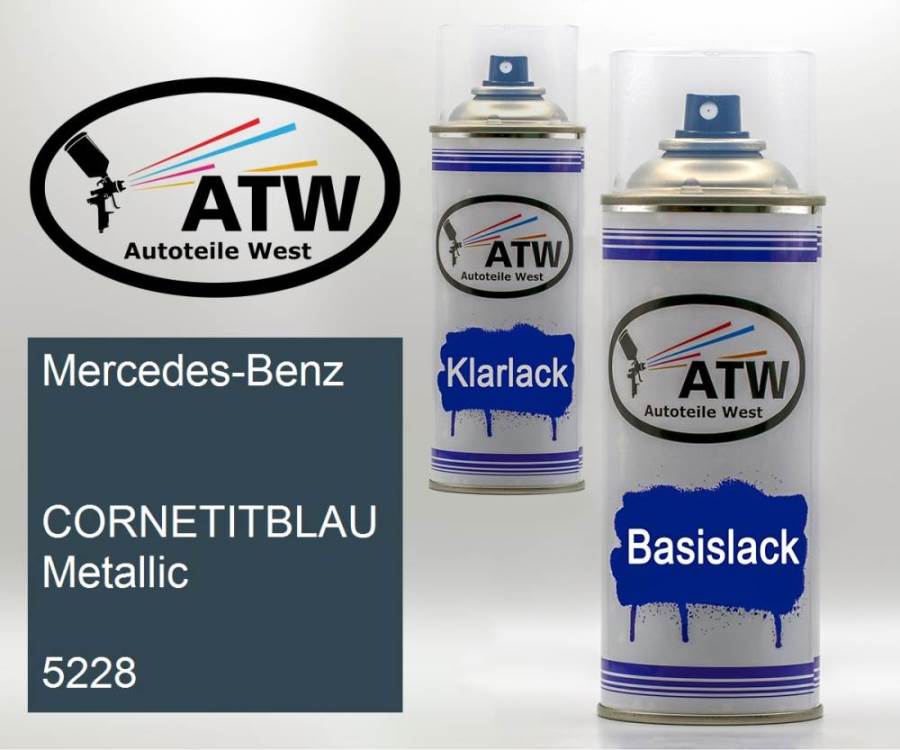Mercedes-Benz,  CORNETITBLAU Metallic, 5228: 400ml Sprühdose + 400ml Klarlack - Set, von ATW Autoteile West.